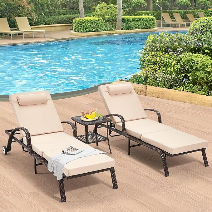 HOMREST Wicker Chaise Lounge Set of 2, Pool Lounge Chair with Side Table - Photo 1