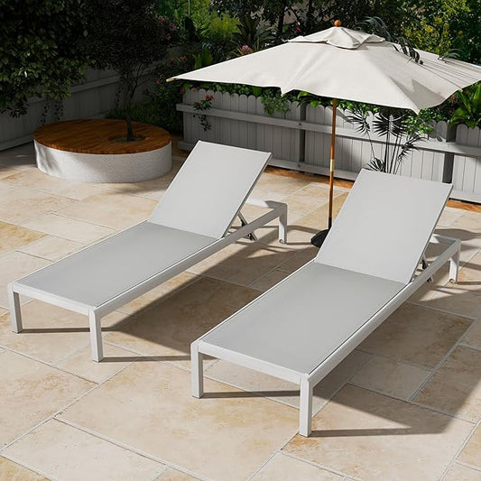 Christopher Knight Home Set of 2 Berton Outdoor Mesh Seat Chaise Lounge Chairs, Patio Adjustable Aluminum Frame Single Lounge Sofa, Poolside/Garden/Backyard Seating, All-Weather Furntiure, Gray+White