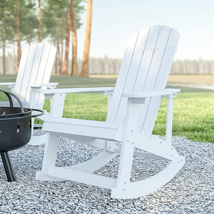 EMMA + OLIVER Marcy All Weather Rocking Chair - Set of 2 - White Poly Resin - Classic Adirondack Design - UV Resistant Coating - Stainless Steel Hardware