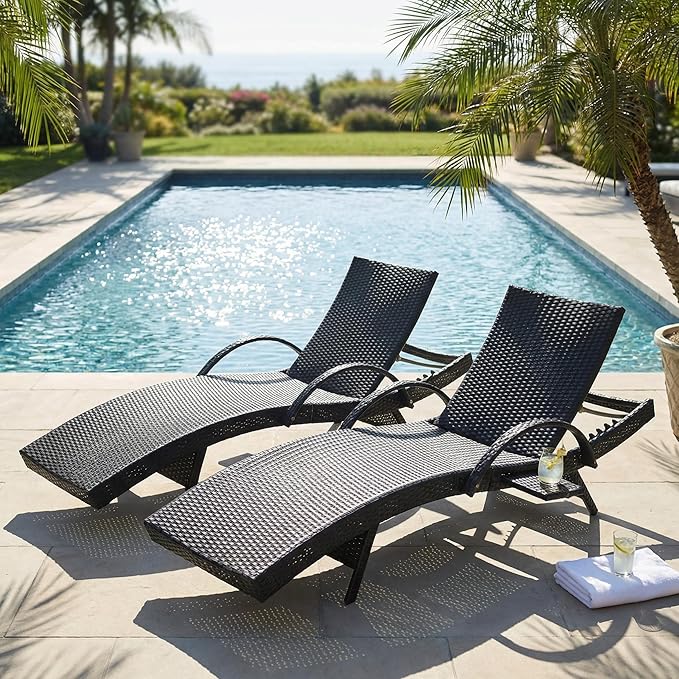 OVENTA Outdoor Wicker Patio Chaise Lounge Chair Set of 2, Black Rattan Pool Furniture Lounger for Outside Poolside Lounges, Jumbo Co Chaise Lounge Chairs, Wicker Patio Pool Furniture