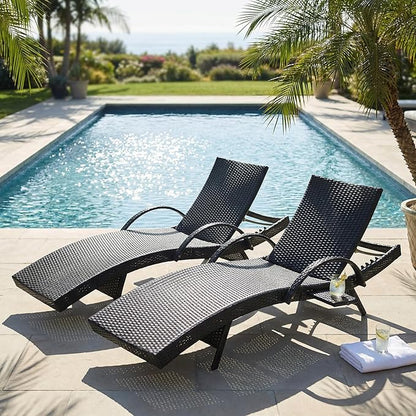 OVENTA Outdoor Wicker Patio Chaise Lounge Chair Set of 2, Black Rattan Pool Furniture Lounger for Outside Poolside Lounges, Jumbo Co Chaise Lounge Chairs, Wicker Patio Pool Furniture