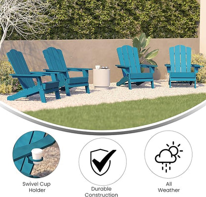 Flash Furniture Newport Adirondack Chairs with Cup Holders, Weather Resistant Poly Resin Adirondack Chairs, Set of 4, Blue