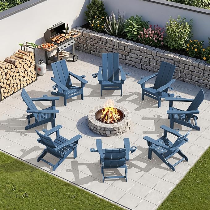 SERWALL Modern Folding Adirondack Chair, All Weather Resistant Outdoor Adirondack Chair with Dual Cup Holders - Photo 2