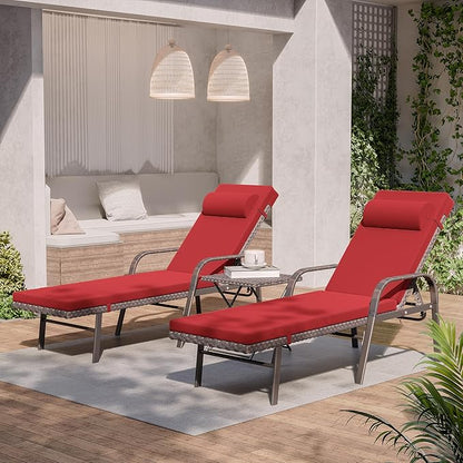 3 Pieces Patio Chaise Lounge Set Outdoor PE Rattan Armrest Lounge Chair Adjustable Backrest Reclining Chair with Folding Table and Cushion for Patio Poolside Backyard Porch Beach(Red)