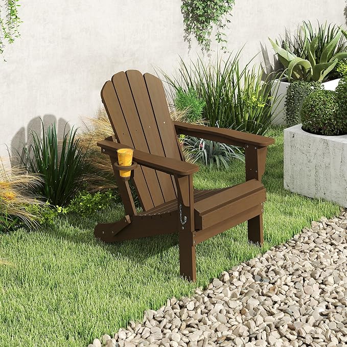 Domi Folding Adirondack Chair, HDPE All-Weather Adirondack Chairs with Cup Holder - Photo 2
