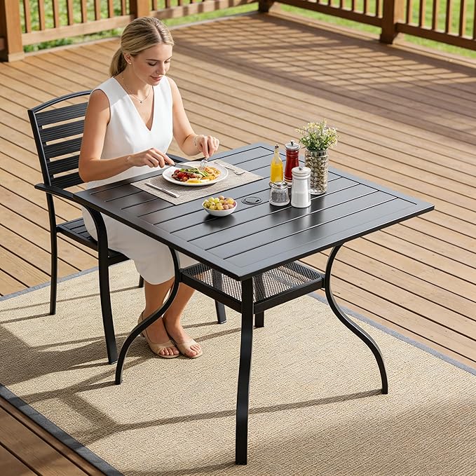 SUNCROWN 37" Black Patio Outdoor Dining Table Metal Steel Slat Square Bistro Table for Porch Deck Garden Backyard Poolside, 1.57" Umbrella Hole