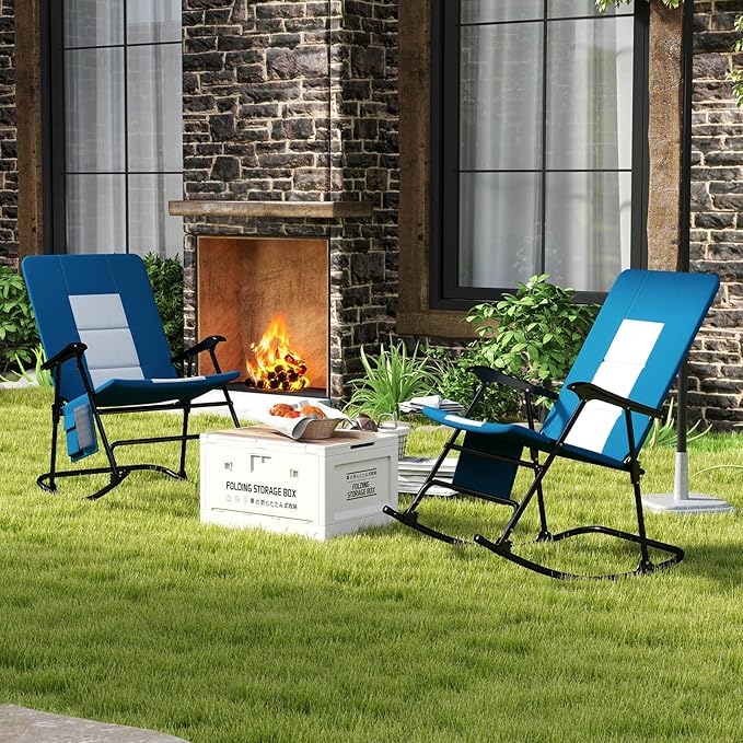 Goplus Oversized Folding Rocking Chair, Padded Patio Lounge Rocker w/Metal Frame, Armrests, Side Pocket, Lightweight Portable Rocking Chair for Backyard Camping Travel, Supports up to 500 lbs(1,Blue)