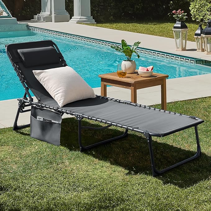 Greesum Chaise Lounge Folding Tanning Chair with 5 Position Adjustable Back, Detachable Pillow & Pocket Outside Pool, Beach, Sunbathing, Gray