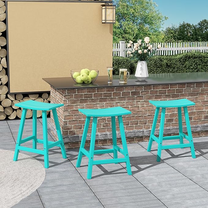 Costaelm All-Weather Bar Stools Set of 3, 24" Height Outdoor Bar Stools, Adirondack Poly Patio Bar Stool for Patio, Deck, Kitchen Counter and Garden, Turquoise