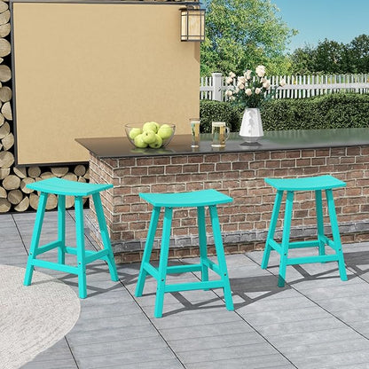 Costaelm All-Weather Bar Stools Set of 3, 24" Height Outdoor Bar Stools, Adirondack Poly Patio Bar Stool for Patio, Deck, Kitchen Counter and Garden, Turquoise