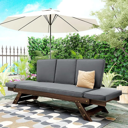 Merax Patio Sofa, Outdoor Adjustable Wooden Daybed, Chaise Lounge with Cushions, Gray