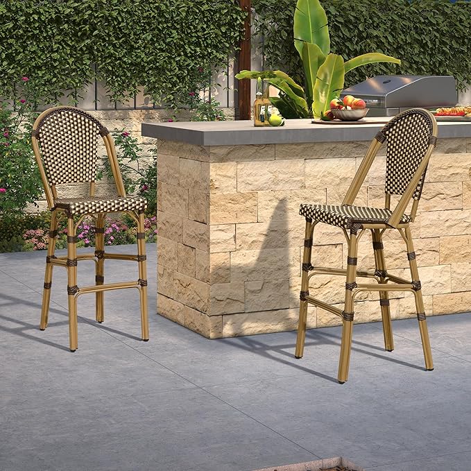 PURPLE LEAF French Bar Stool Set of 2 Bamboo Print Finish Patio Bar Stools with Back Rattan Chairs Wicker Bar Height - Photo 2