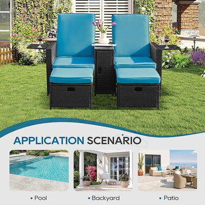 5PCS Outdoor Wicker Chaise Lounge Chair - Rattan Adjustable Reclining Patio Lounge Chair with Ottoman and Coffee Table, for Patio Beach Pool Backyard (Black Wicker Turquoise Cushion)
