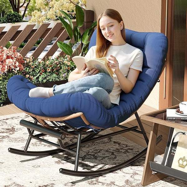 Outdoor Rocking Chair with Footrest, Oversized Patio Papasan Chairs with Cushion - Photo 1