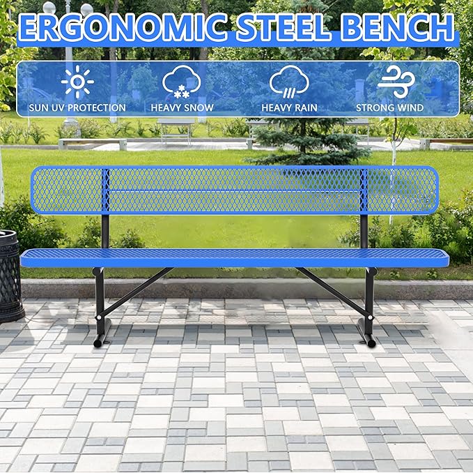 8 Feet Park Bench for Outside,Heavy Duty Patio Garden School Commercial Benches,Weatherproof Outdoor Bench Metal Picnic Bench, Outdoor Steel Bench with Backrest,96.1x23.2x32.5inch