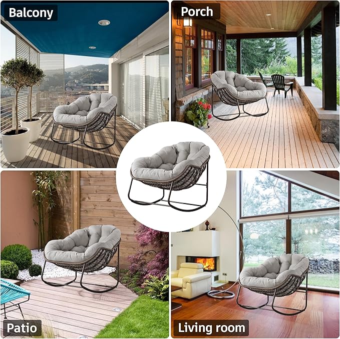 Large Indoor Outdoor Rocking Chair, Oversized Rocking Papasan Chair with Thick Cushion and Frame Outdoor Rocker, Comfy Wicker Egg Chairs Lounge for Outside Porch Patio Backyard (Beige, Set of 2)