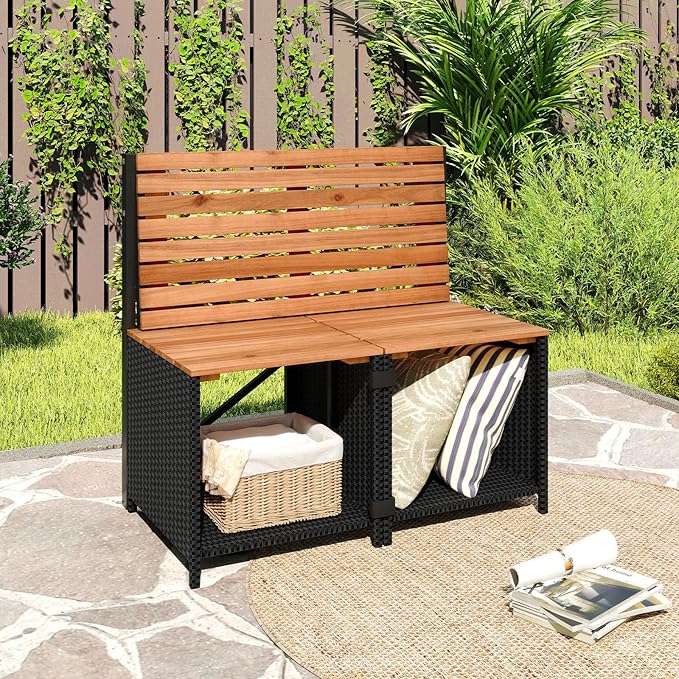 Tangkula 2-in-1 Outdoor Convertible Bench, Transforming Interchangeable Picnic Table Garden Loveseat with Metal Frame, PE Rattan Acacia Wood Foldable Table and Chairs Set for Porch, Backyard & Deck