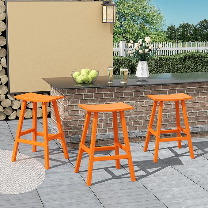 Costaelm All-Weather Bar Stools Set of 3, 29" Height Outdoor Bar Stools, Adirondack Poly Patio Bar Stool for Patio, Deck, Kitchen Counter and Garden, Orange