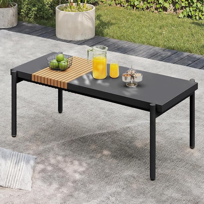 Sundale Outdoor Modern Metal Outdoor Coffee Table with Slatted Wood-Look Tabletop Design, Weather-Resistant Patio Side Table for Garden, Balcony, Poolside(Gray)