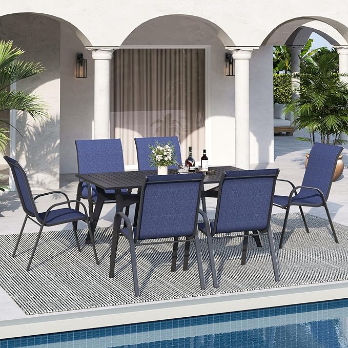 Patio Dining Chairs Set of 6, Outdoor High Stacking Chairs，Breathable Seat Fabric and Alloy Steel Frame for Backyard, Porch, Garden, Sunroom (Blue)