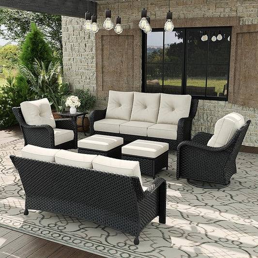 7 Piece Patio Furniture Set, All-Weather Wicker Outdoor Conversation Set with Swivel Rocking Chair and 6 Inch Thick Cushions