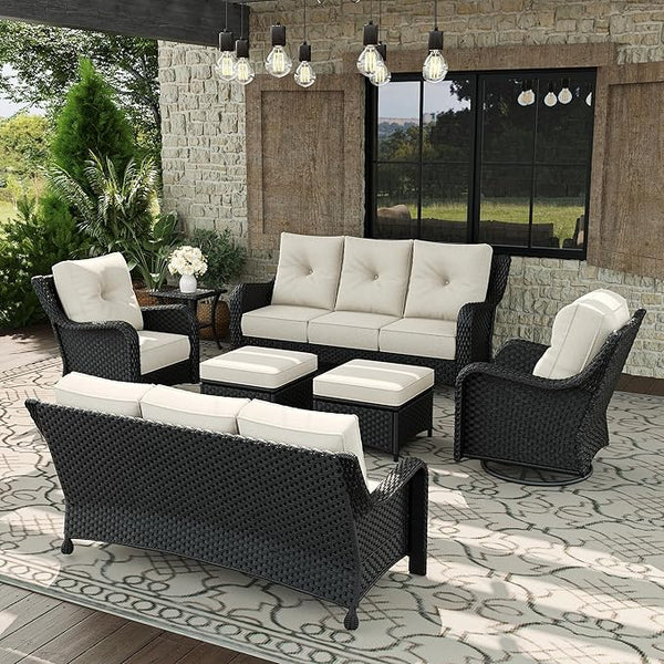 7 Piece Patio Furniture Set, All-Weather Wicker Outdoor Conversation Set with Swivel Rocking Chair and 6 Inch Thick - Photo 1