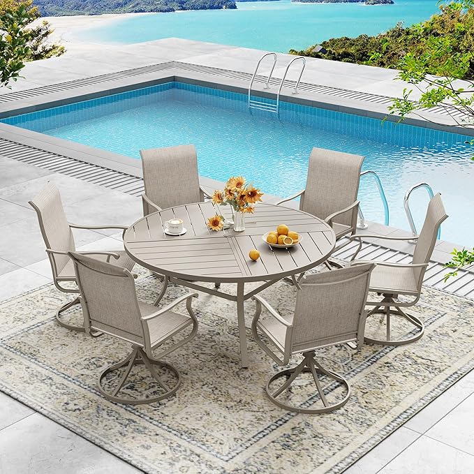 DIFY 50" Round Outdoor Patio Dining Table for 6, All-Weather Metal Steel Slatted Patio Table with 1.57" Adjustable Umbrella Hole, for Lawn Garden Porch Backyard, Sandshell