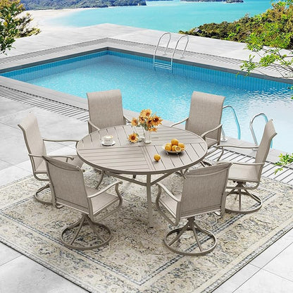 DIFY 50" Round Outdoor Patio Dining Table for 6, All-Weather Metal Steel Slatted Patio Table with 1.57" Adjustable Umbrella Hole, for Lawn Garden Porch Backyard, Sandshell