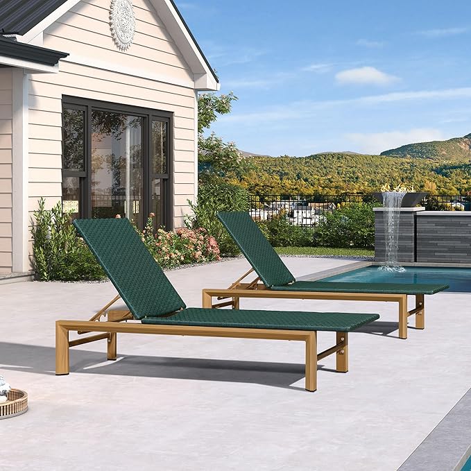 PURPLE LEAF Oversize Outdoor Rattan Lounge Chair 2 Piece, Aluminum Patio Chaise Lounge with Adjustment Backrest, Waterproof Lounger Sunbath Tanning Recliner for Poolside, Garden, Green