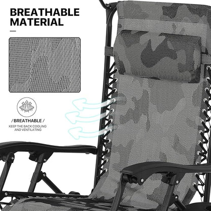 MoNiBloom Zero Gravity Chairs Set of 2, Patio Anti Gravity Recliners with Canopy Shade, Foldable Outdoor Lounger with Cup Holder Tray and Headrest for Beach Camping, Camouflage