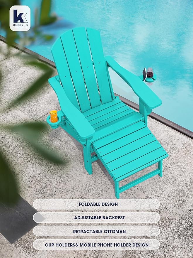 KINGYES Folding Adjustable Adirondack Chair with Retractable Ottoman Set of 6, HDPE All Weather Chair with Cup Holder - Recliner Adirondack Chair, Aruba