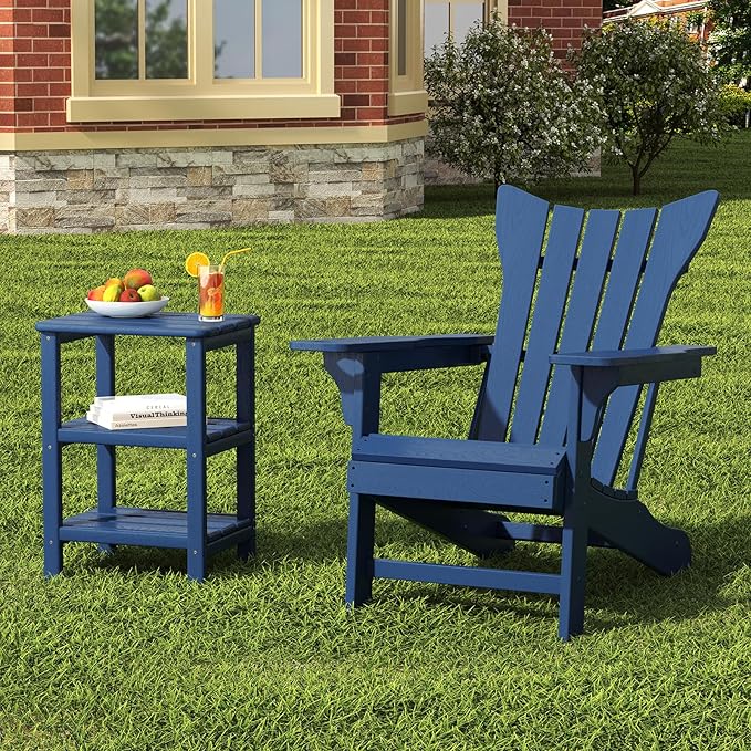 3 Tier Outdoor Side Table Adirondack Side Table HDPE End Table Patio Side Table Rectangle Tables for Outdoor Backyard Garden Balcony (Retro, Blue)