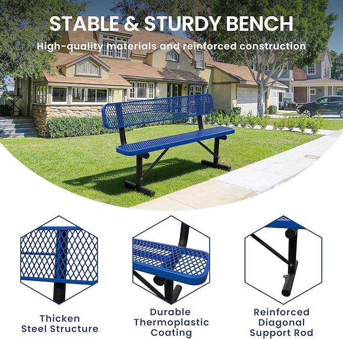 6ft Park Bench for Outside,Heavy Duty Patio Garden School Commercial Benches,Weatherproof Outdoor Bench Blue Metal Park Bench, Outdoor Steel Bench with Backrest,72.4x23.2x32.5inch