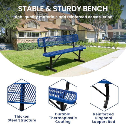 6ft Park Bench for Outside,Heavy Duty Patio Garden School Commercial Benches,Weatherproof Outdoor Bench Blue Metal Park Bench, Outdoor Steel Bench with Backrest,72.4x23.2x32.5inch