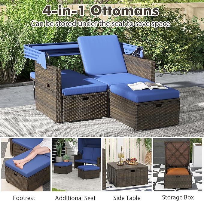 RELAX4LIFE Wicker Outdoor Daybed with Canopy - Rattan Loveseat Sofa Set w/Storage Ottomans, Adjustable Back, Retractable Trays, Sunbed Double Chaise Lounge for Backyard, 2-Seater Patio Daybed (Navy)