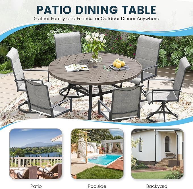 Patio Dining Table for 4-6, Round Metal Outdoor Table with Storage Shelf, 1.57" Umbrella Hole, 47" Outdoor Quartered Tabletop Dining Table for Backyard, Porch, Lawn, Grey