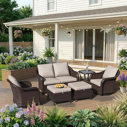 6 Piece Patio Wicker Conversation Set, All-Weather Use Outdoor Wicker Loveseat with 2 PE Rattan Ottomans,2 Swivel Chair, 1 Side Table, Ideal for Porch, Backyard, Balcony, Poolside, Beige