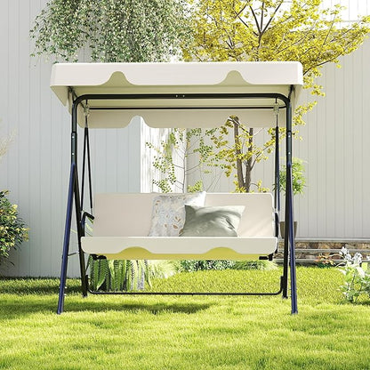 Durable Outdoor Glider Swing with Canopy，Patio Garden Bench and Stand for Backyard, Porch, or Lawn, Heavy Duty Adult Seat, Beige
