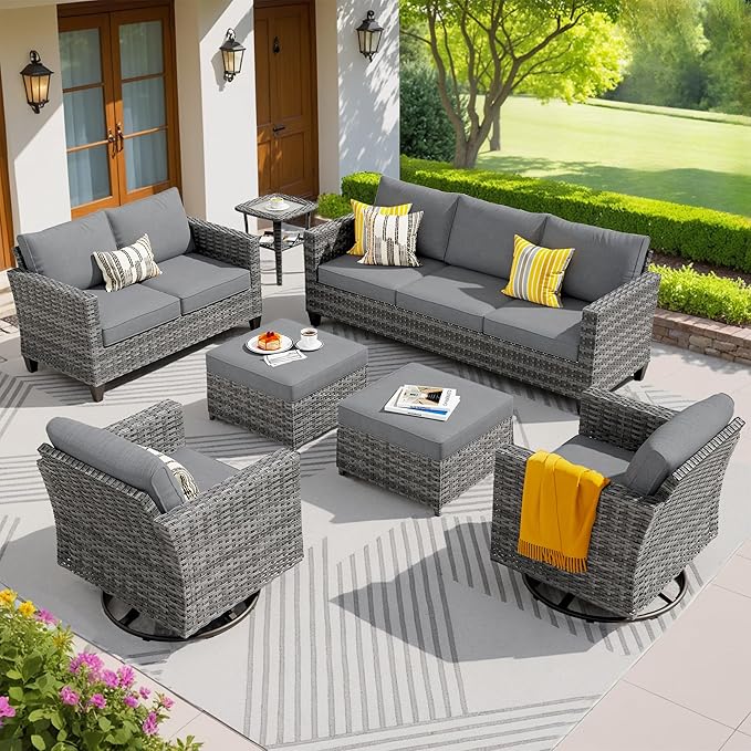 ovios Patio Furniture Set, 7 Pieces Outdoor Wicker Sofa Couch with Swivel Rocking Chairs Loveseat - Photo 1