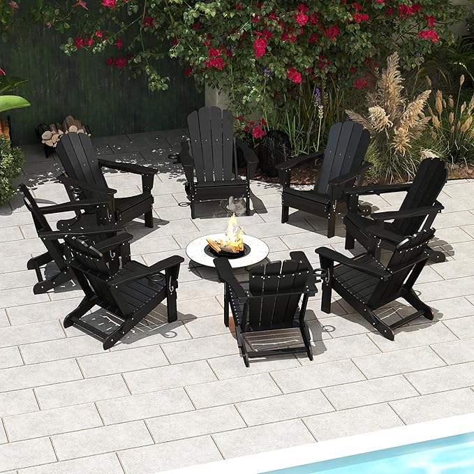 Domi Folding Adirondack Chair Set of 8, HDPE All-Weather Adirondack Chairs with Cup Holder, Outdoor Plastic Fire Pit Chairs Wood Texture for Poolside, Patio, Backyard, Deck (Black)