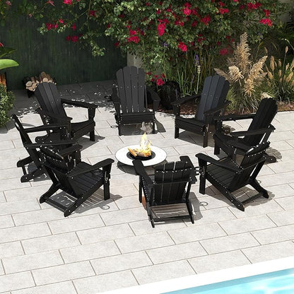 Domi Folding Adirondack Chair Set of 8, HDPE All-Weather Adirondack Chairs with Cup Holder, Outdoor Plastic Fire Pit Chairs Wood Texture for Poolside, Patio, Backyard, Deck (Black)