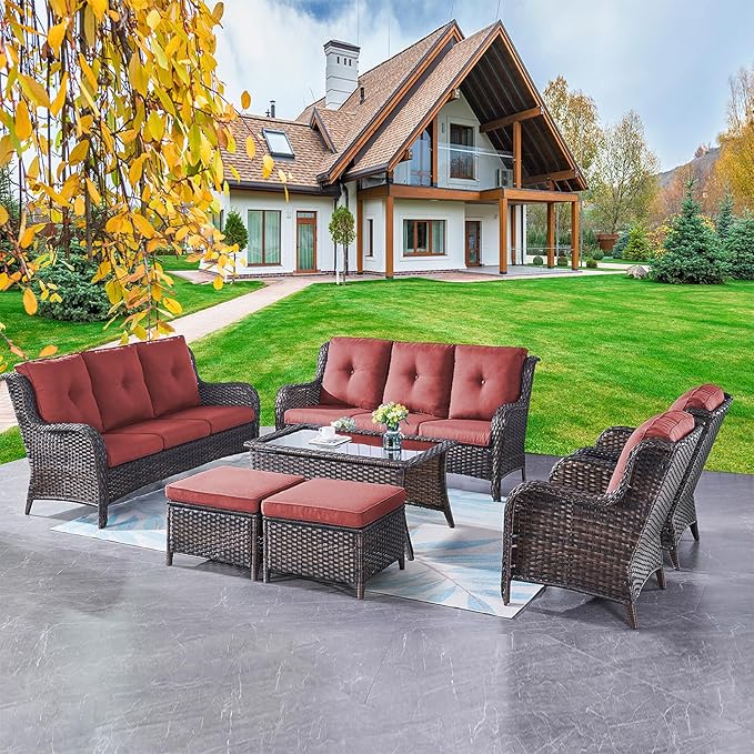 Rilyson Wicker Patio Furniture Sofa Set - 7 Piece Rattan Outdoor Patio Sectional Conversation Sets with 2 Sofa,2 Armrest Chairs,1 Coffee Table and 2 Ottomans for Porch Deck Garden(Brown/Red)
