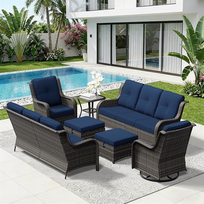 7 Piece Outdoor Wicker Patio Furniture Set, Outdoor Swivel Rocker Patio Chairs Set with Thickened Olefin Cushions - Photo 8