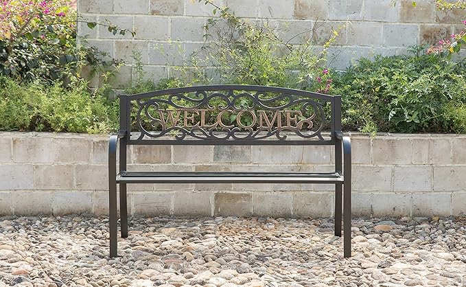 Steel Outdoor Patio Garden Park Seating Bench with Cast Iron Welcome Backrest, Front Porch Yard Bench Lawn Decor