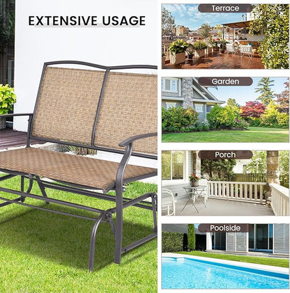 Giantex Patio Glider Bench, 400 Lbs Capacity, Steel Frame, Brown, Outdoor Swing Chair, 2-Person Loveseat, Back Support, Ergonomic Design, Superior Fabric, Natural Style