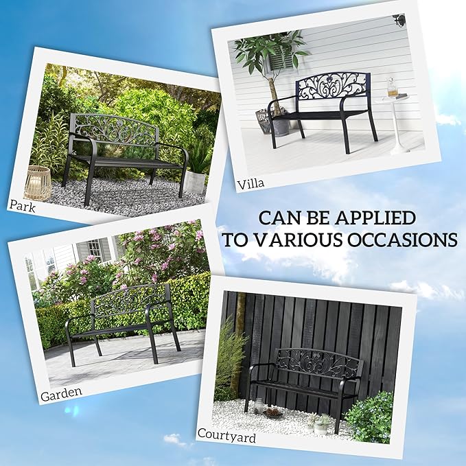 Outsunny 50" Outdoor Bench, Metal Garden Bench with Floral Pattern Backrest, Porch Bench with Slatted Seat for Park, Yard, Lawn, Black