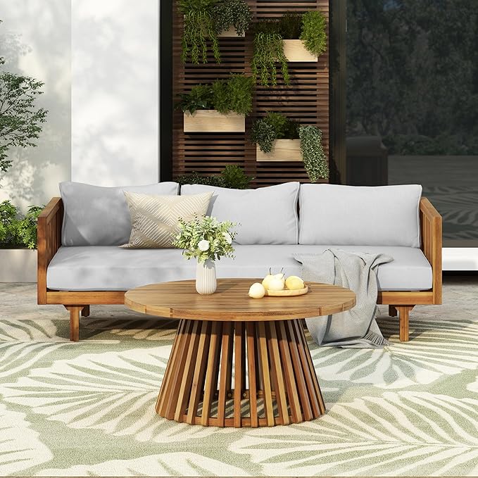 Merax Outdoor Acacia Wood Conversation Set, 3-Seat Loveseat Sofa w/Coushion and Round Coffee Table for Backyard, Patio Furniture, Teak+Light Gray