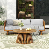 Merax Outdoor Acacia Wood Conversation Set, 3-Seat Loveseat Sofa w/Coushion and Round Coffee Table for Backyard - Photo 1