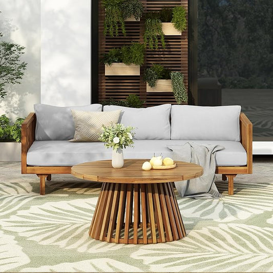Merax Outdoor Acacia Wood Conversation Set, 3-Seat Loveseat Sofa w/Coushion and Round Coffee Table for Backyard, Patio Furniture, Teak+Light Gray