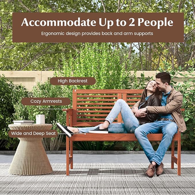 Tangkula Outdoor Bench with Cushion, 2-Person Patio Bench with Slatted Back & Seat, Removable Cushion, Conversation Loveseat Chair for Porch Lawn Garden Backyard Balcony (Off White)